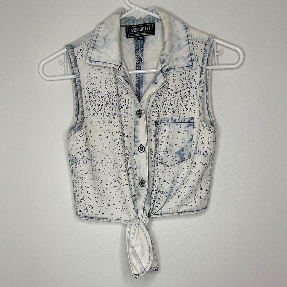 Faux Denim Sleeveless Tie-Front Top with Rhinestones